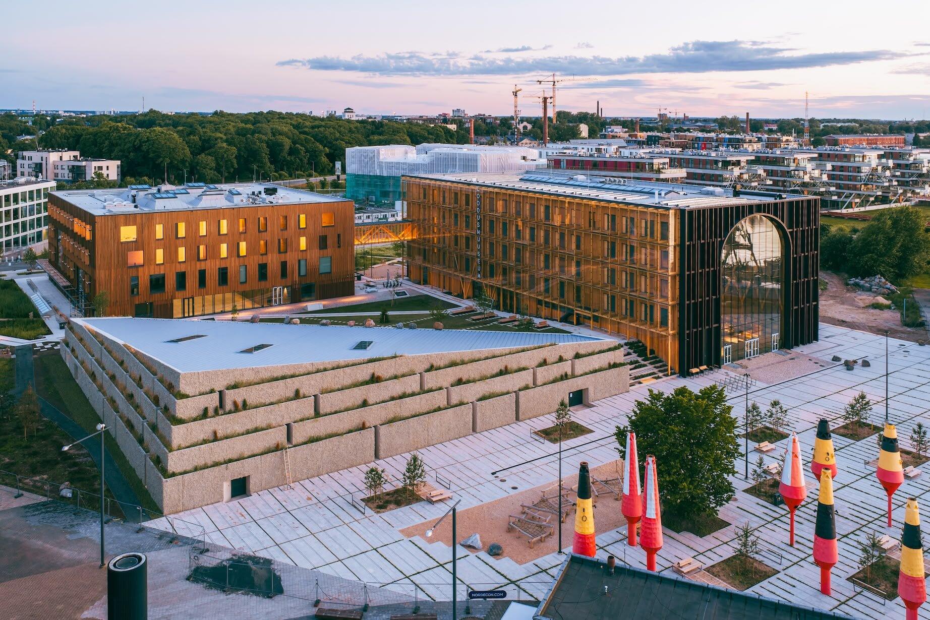 Timber-clad buildings with prefabricated facade elements, seen from above