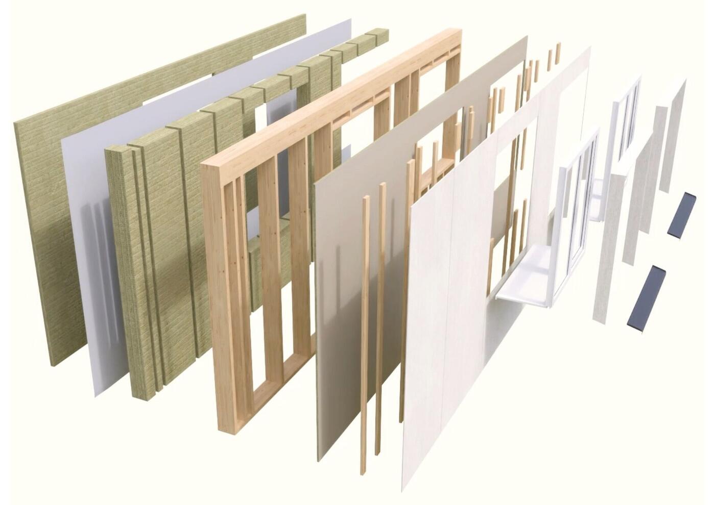 Exploded cross-section of a prefabricated wall element