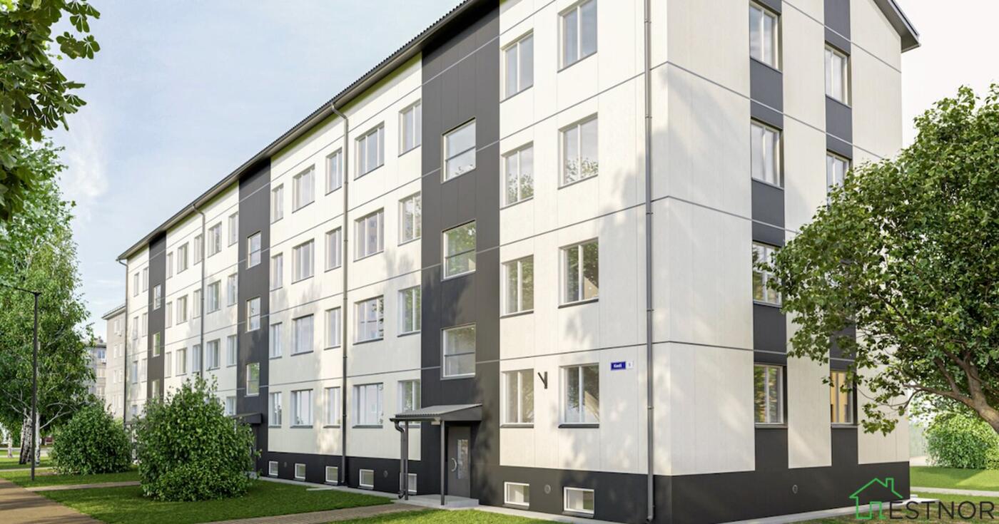 Architectural render of a renovated apartment building